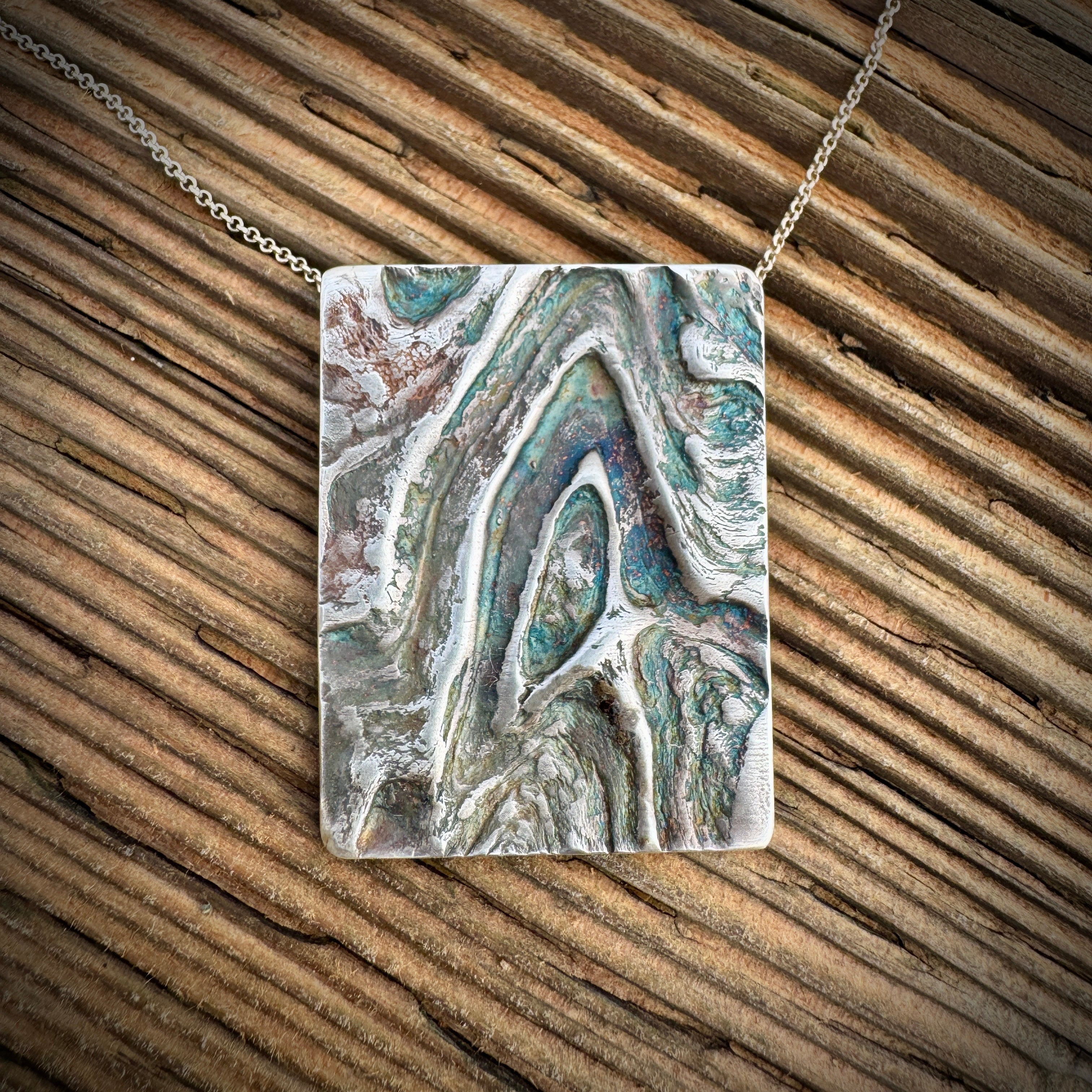 Driftwood Shield Pendant - Sterling Silver Shield Necklace with Natural Texture
 #S749