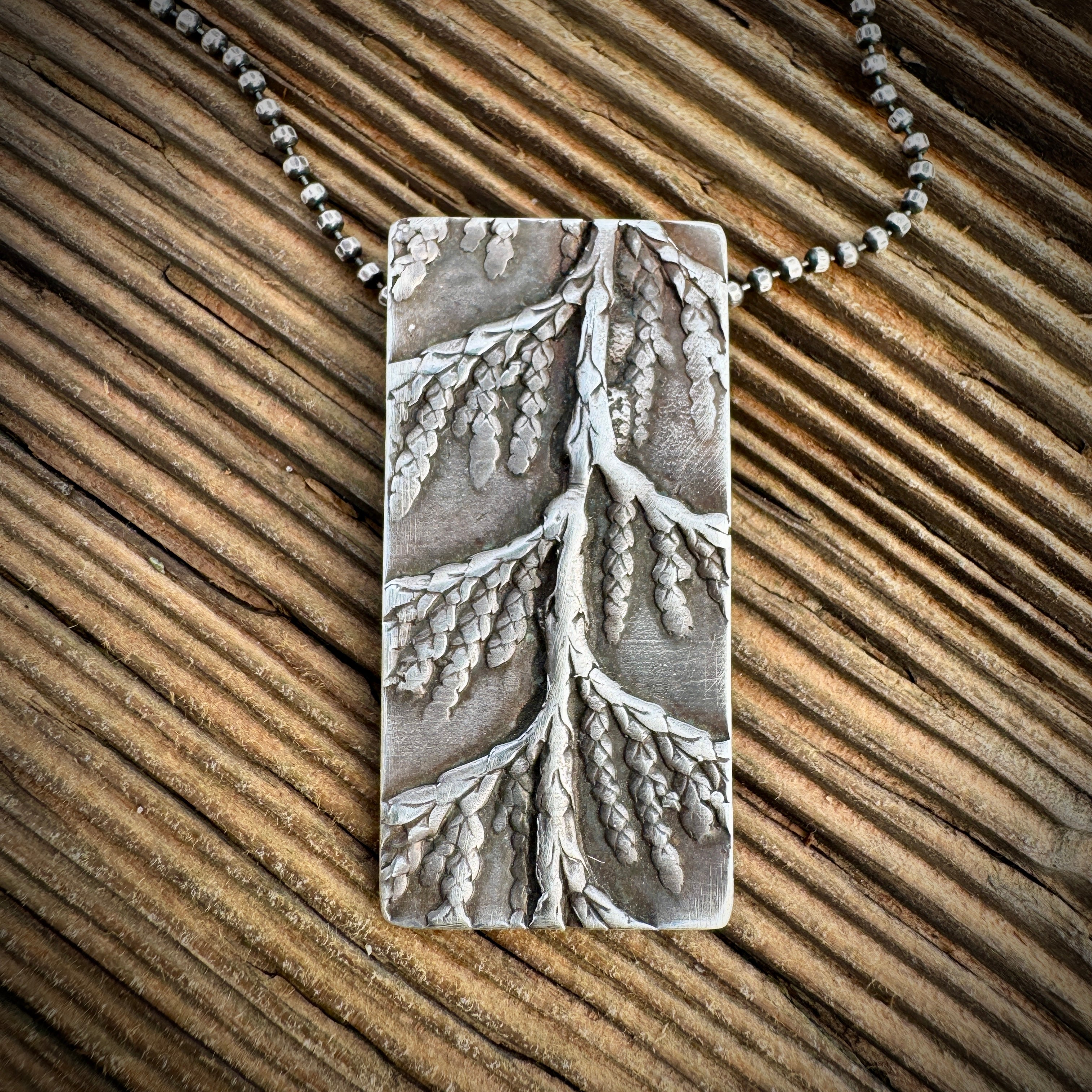 Cedar Sprig Shield Pendant - Sterling Silver Nature Window Necklace #S748
