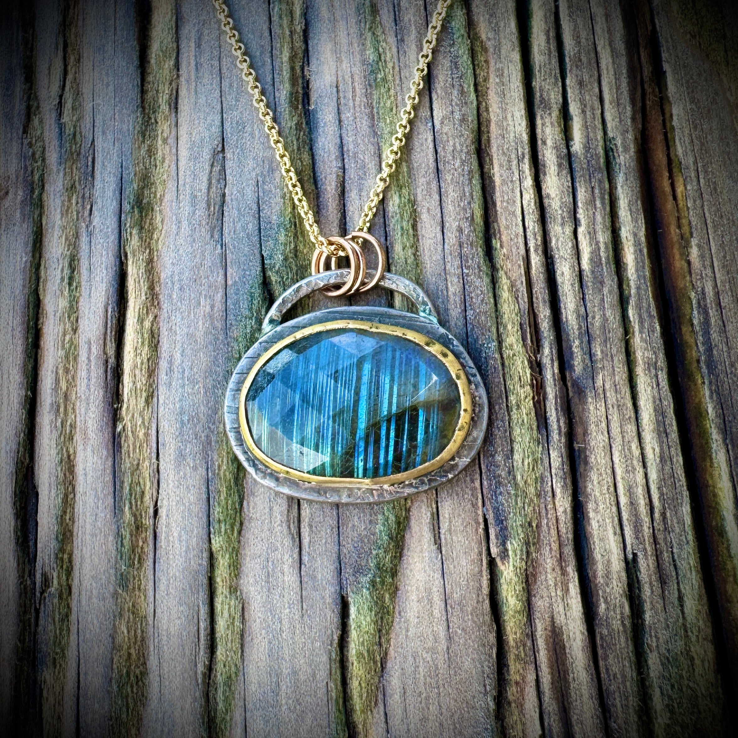 Handmade Labradorite Rosecut Pendant with 22k gold bezel