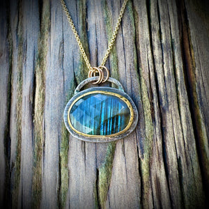 Handmade Labradorite Rosecut Pendant with 22k gold bezel