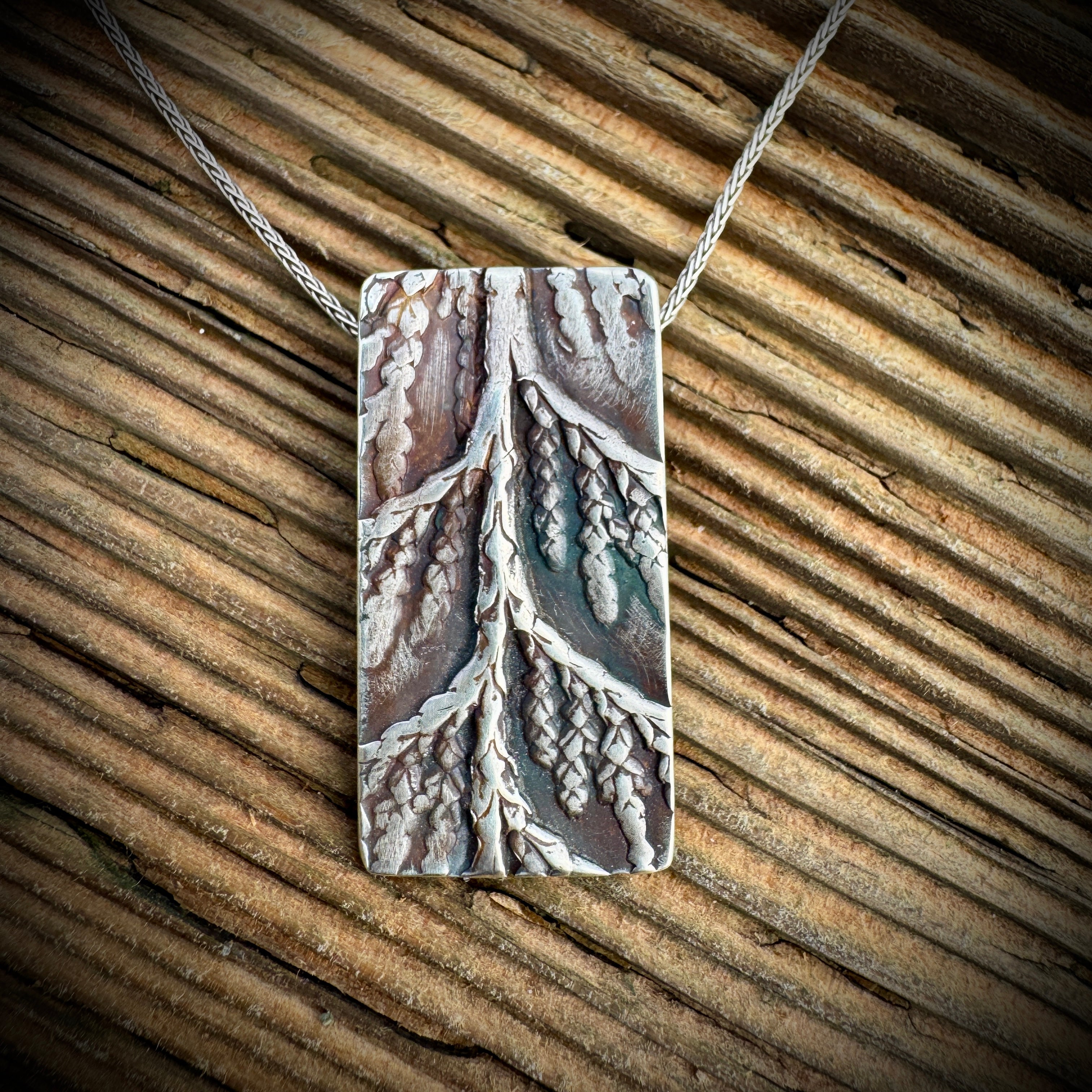 Cedar Sprig Shield Pendant — Sterling Silver Nature Window Necklace #S745