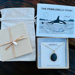 Pebblebelly pebble necklace in gift wrapping including linen bag and certificate of authenticity 