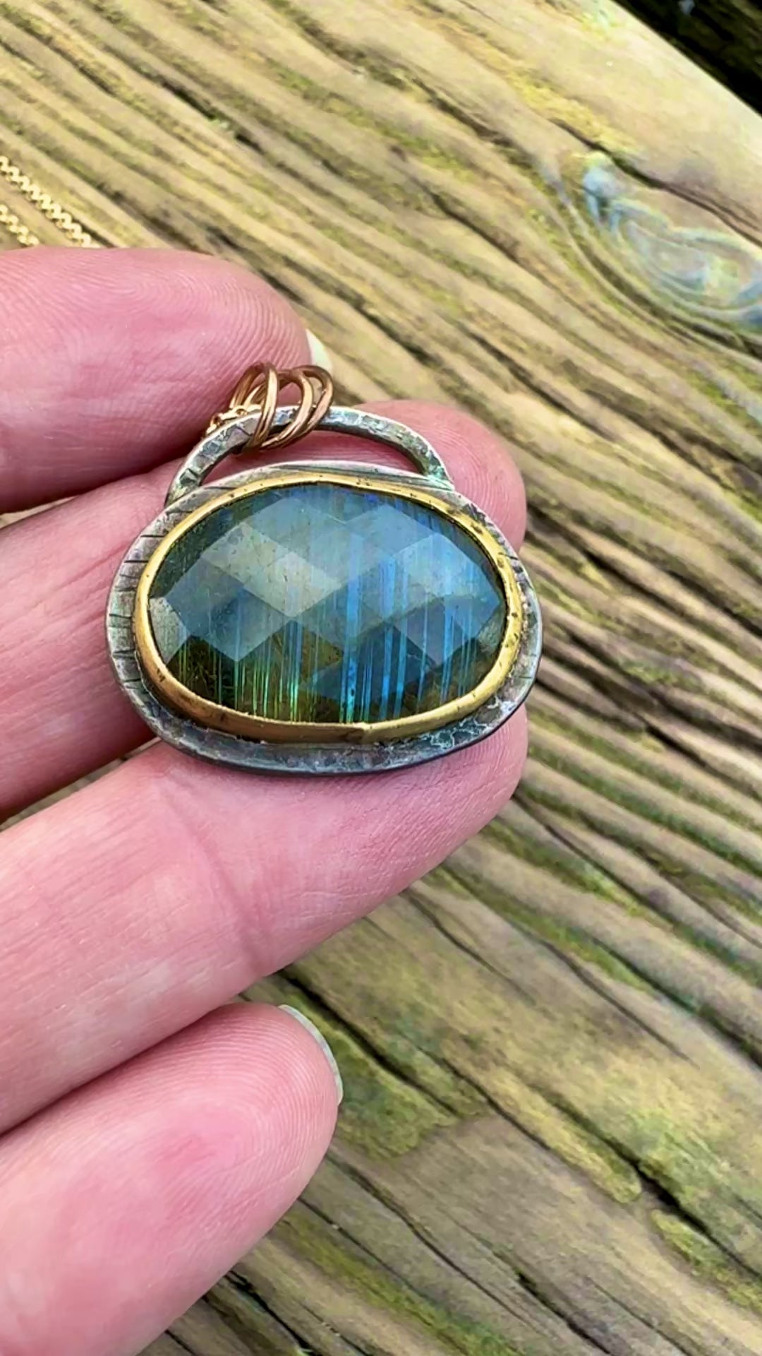 Handmade Labradorite Rosecut Pendant with 22k gold bezel