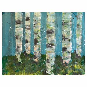 active painting of a stand of birch trees with blue sky behind