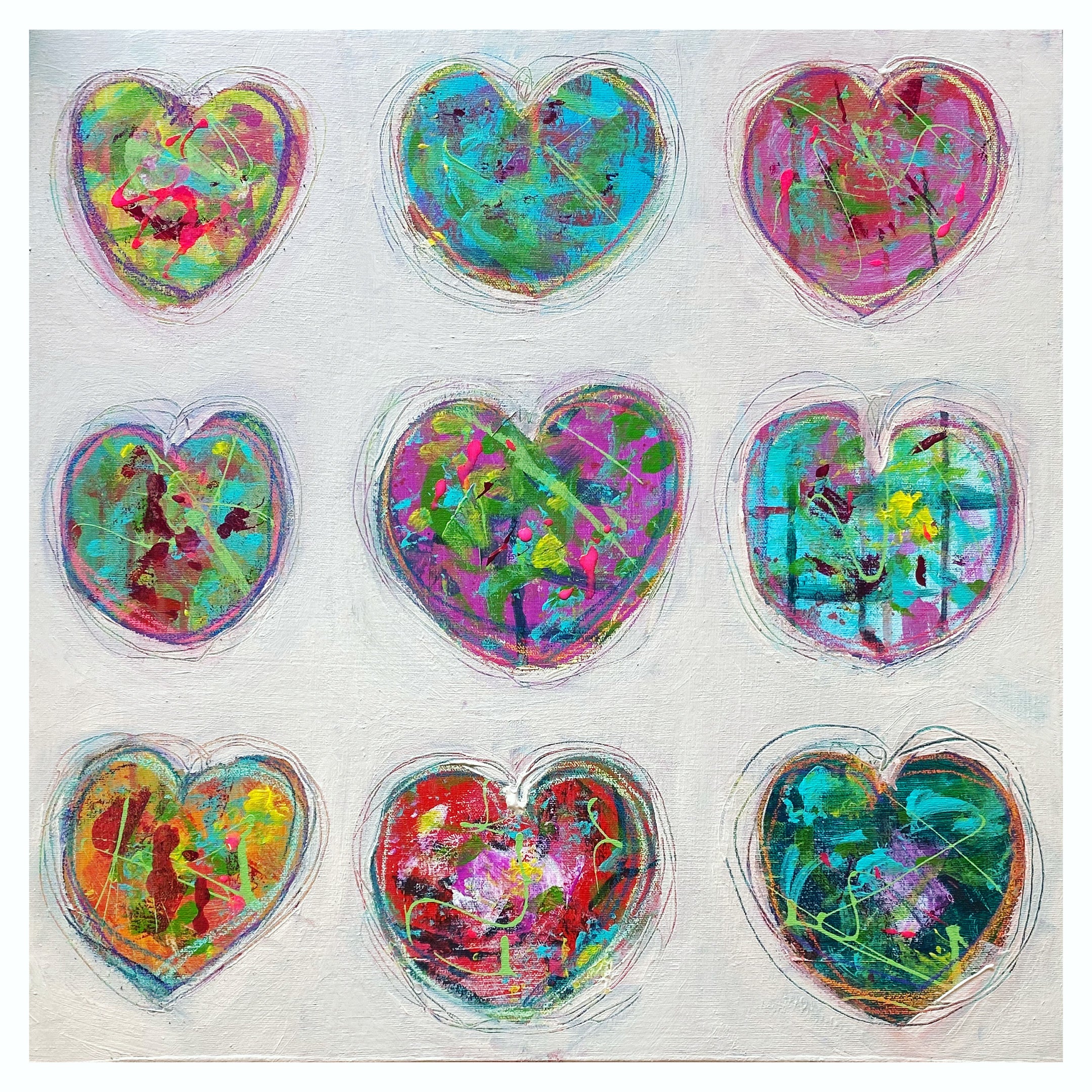 painting featuring multicoloured hearts in a grid formation nestled into a soothing cream background