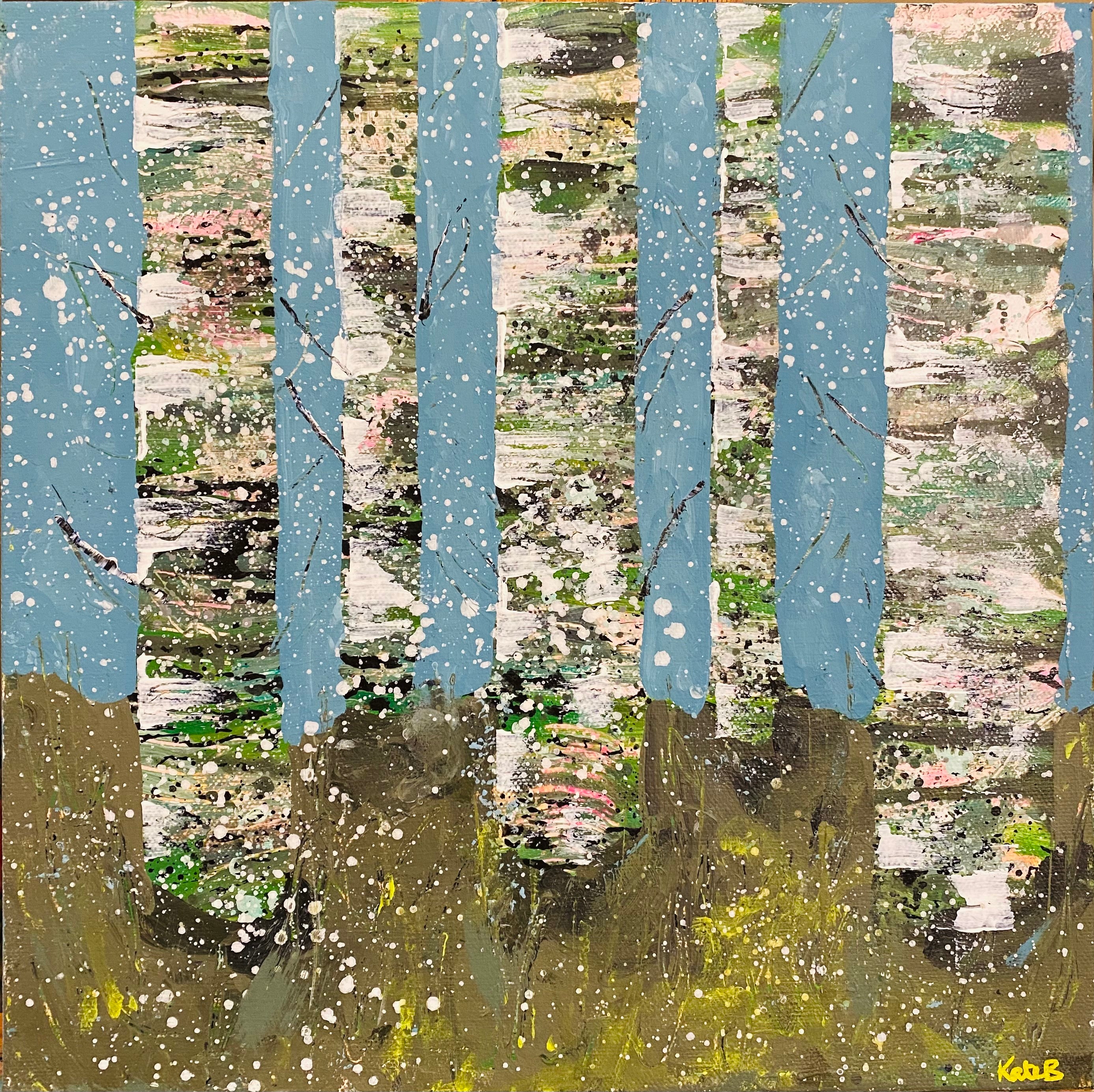 painting of birch trees in the snow