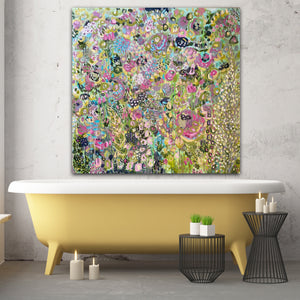 large bright abstract floral painting with yellow bathtub