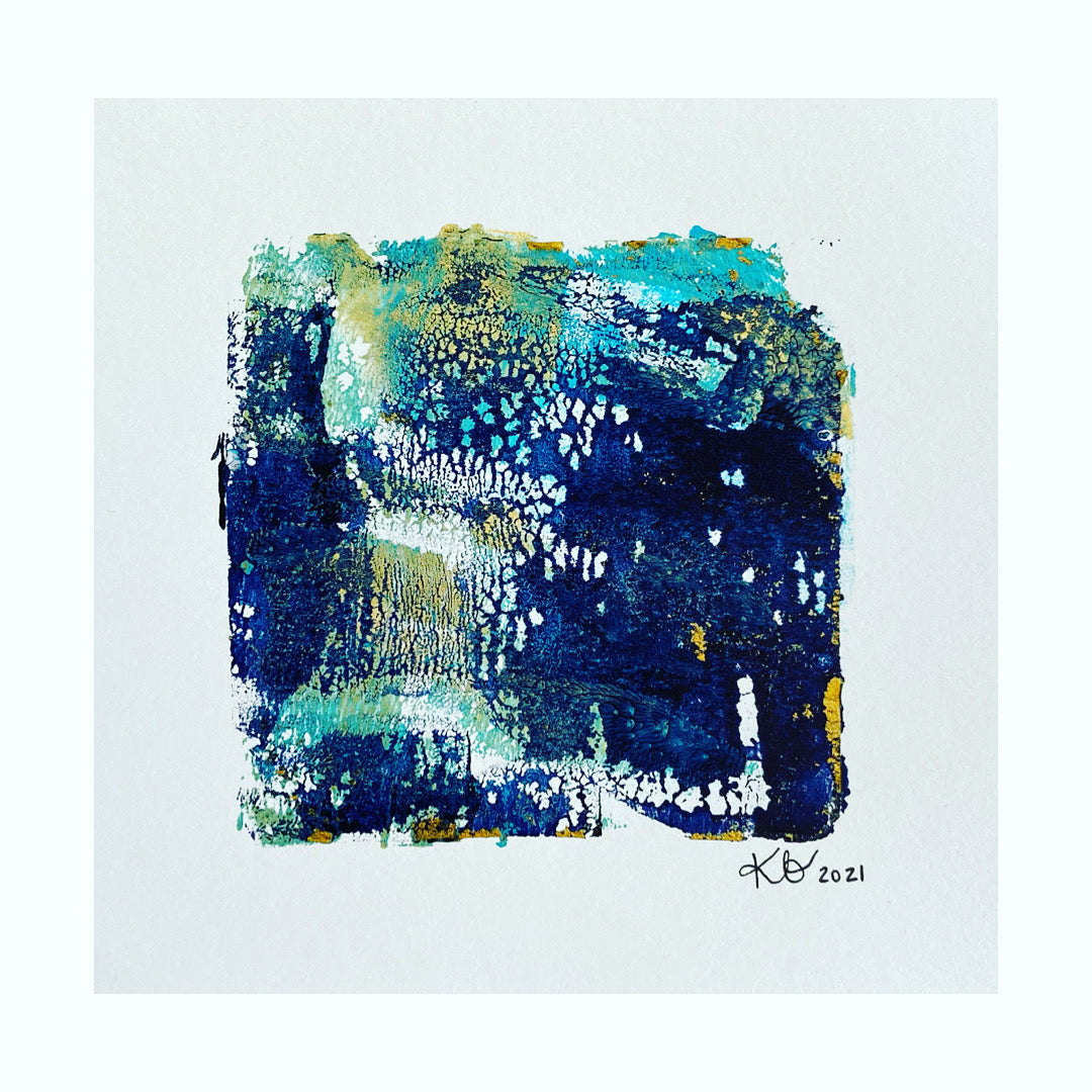 gorgeous blues, and golds on this abstract square shaped painting. evoke pathways through fields of underwater coral