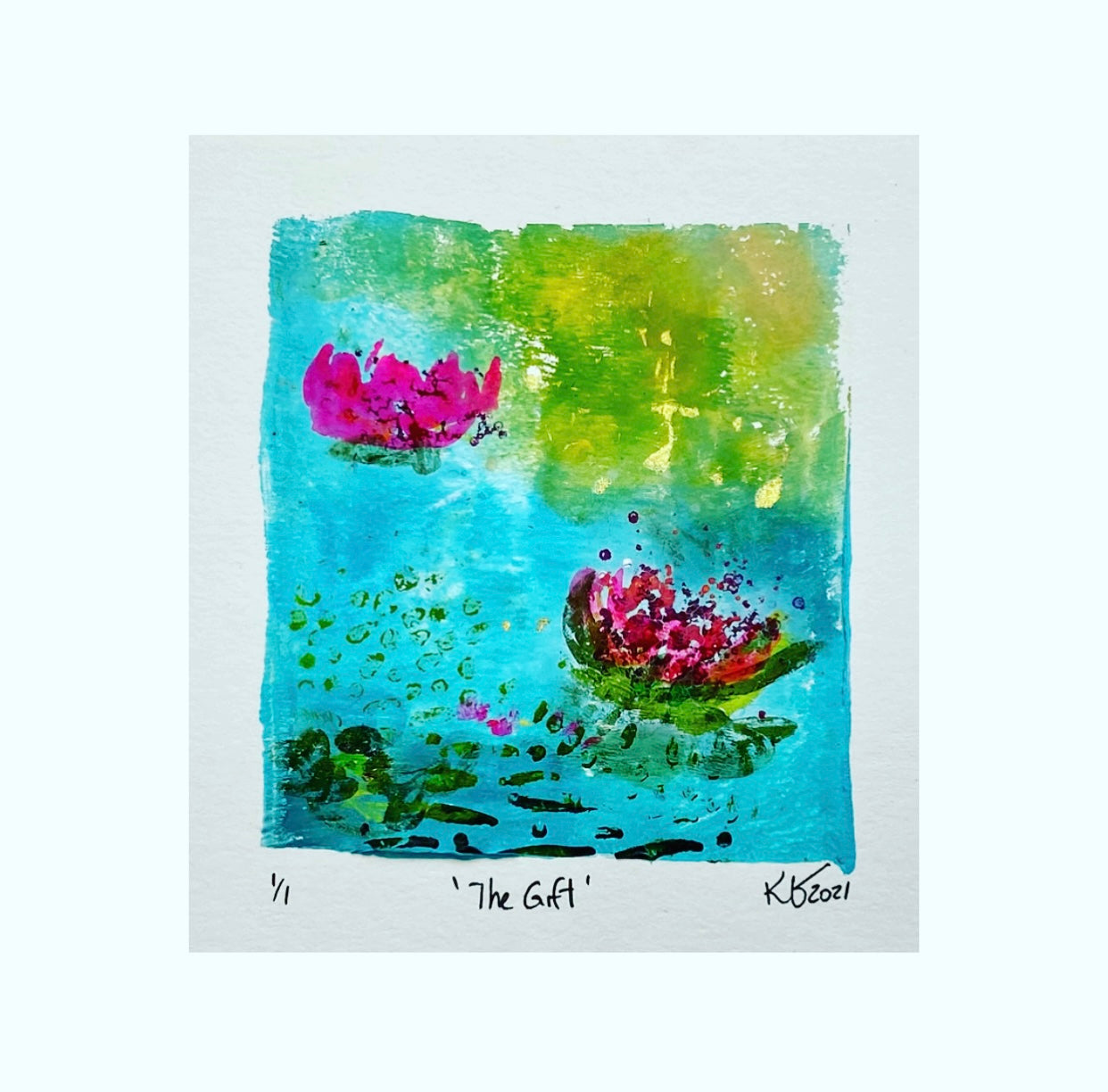 The Gift Original monoprint waterlily water lillies turquoise