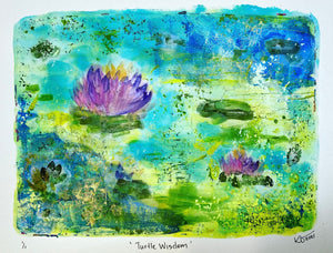 Turtle energy abounds in this beautiful, soothing, calming piece.   Turtles symbolize strong family, positive omens & creativity. Let the clearing energy of water and gold, flowers and turtles transform you and your space!