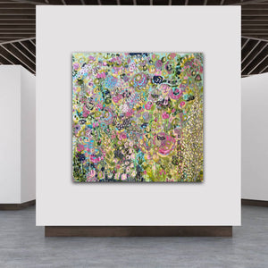 large bright abstract floral painting  on gallery wall