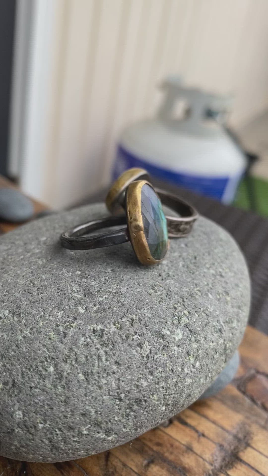 Handmade Labradorite Rosecut Ring with tree bark band