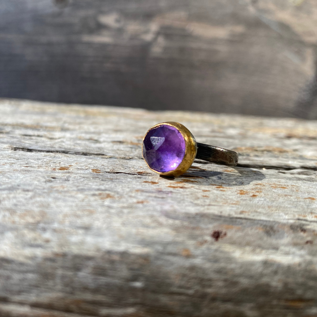 Handmade Amethyst Rosecut Ring with 14k Gold Bezel and Sterling Silver tree bark band