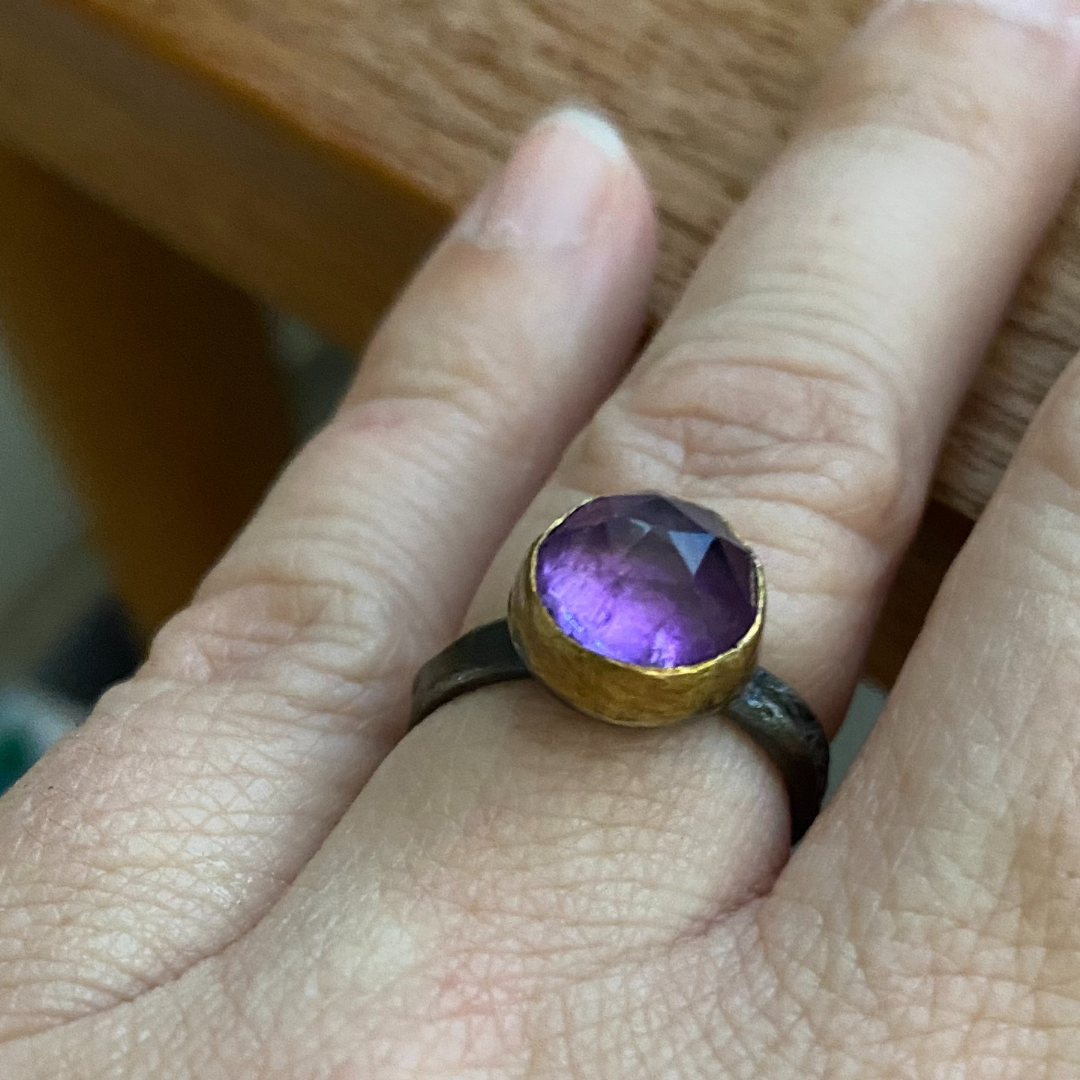 Handmade Amethyst Rosecut Ring with 14k Gold Bezel and Sterling Silver tree bark band