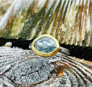 Handmade Aquamarine Rosecut Ring with tree bark band