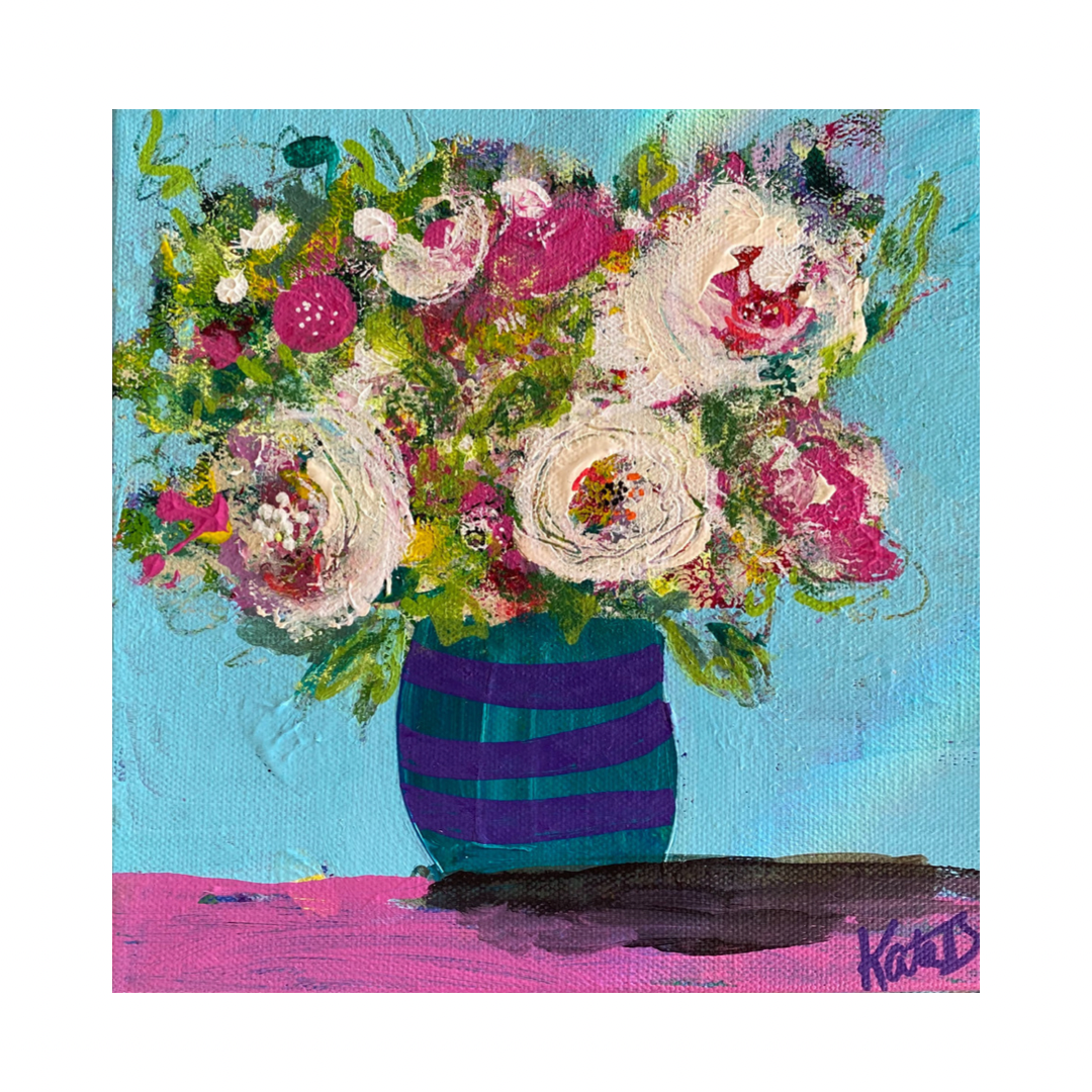 vibrant, happy  painting of flowers in a stripey case