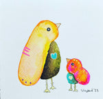 Load image into Gallery viewer, watercolour painting of a mama bird with a yellow wing and her baby bird looking up at her
