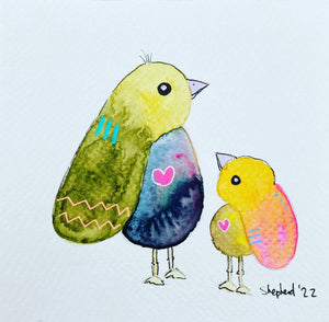 watercolour painting of a mama bird with a yellow wing and her baby bird looking up at her