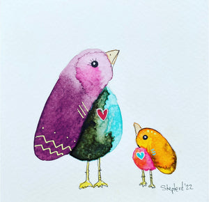 watercolour painting of a mama bird with a purple wing and her baby bird looking up at her