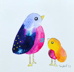 Load image into Gallery viewer, watercolour painting of a mama bird with a purple wing and her baby bird looking up at her
