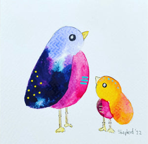 watercolour painting of a mama bird with a purple wing and her baby bird looking up at her