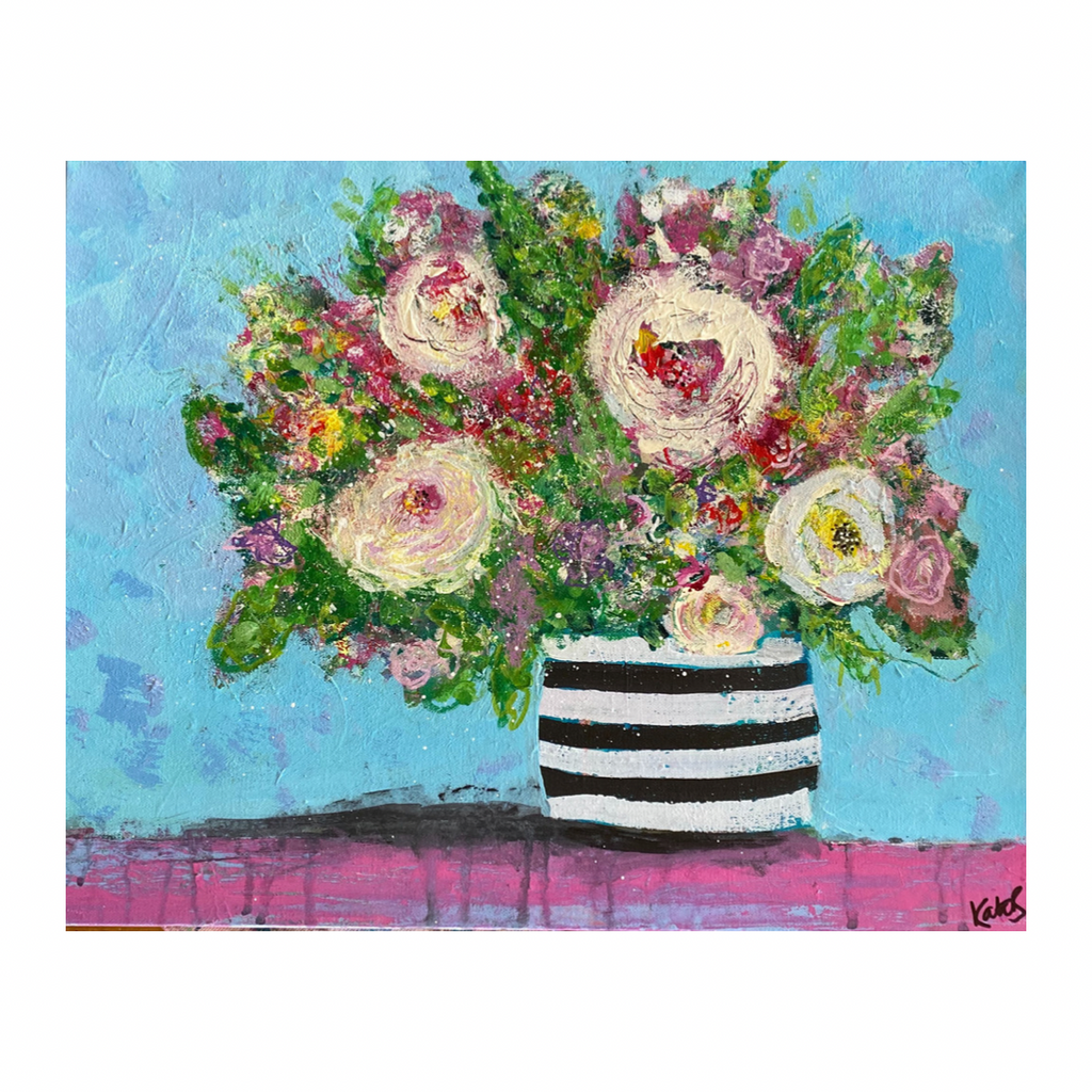 vibrant, happy  painting of flowers in a stripey vase