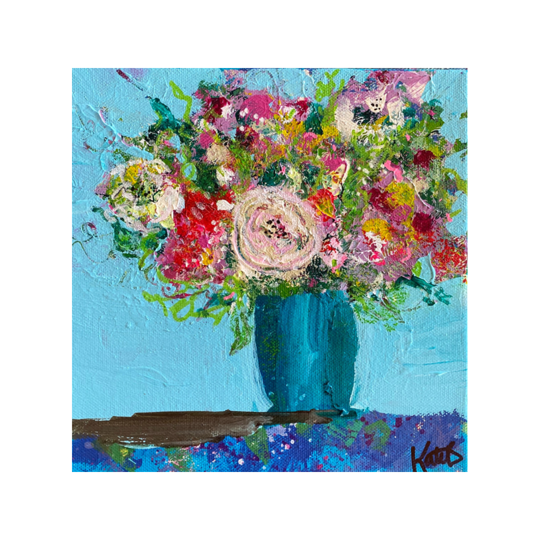 vibrant, happy  painting of flowers in a stripey vase