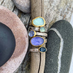 Load image into Gallery viewer, Handmade Tanzanite Ring with 22k yellow gold bezel and sterling tree bark textured band
