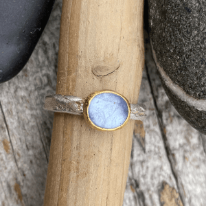 Handmade Tanzanite Ring with 22k yellow gold bezel and sterling tree bark textured band