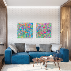 bright vibrant happy abstract floral painting by artist kate shepherd host of the creative genius podcast on a white brick wall in front of a blue couch