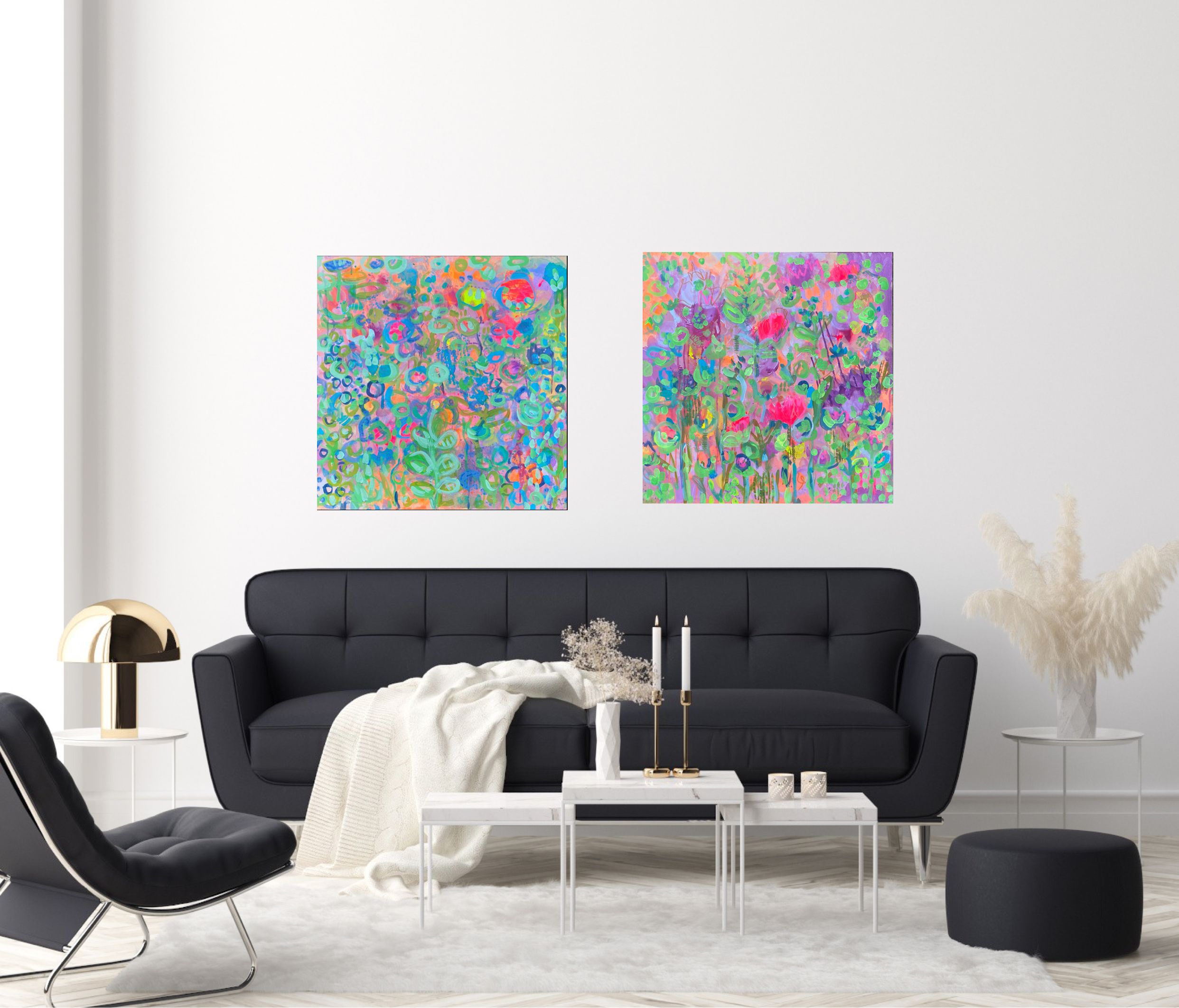 bright vibrant happy abstract floral painting by artist kate shepherd host of the creative genius podcast in front of a clack couch on a white wall
