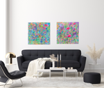 Load image into Gallery viewer, bright vibrant happy abstract floral painting by artist kate shepherd host of the creative genius podcast in front of a clack couch on a white wall
