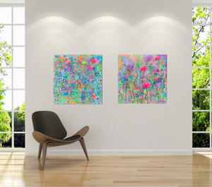 bright vibrant happy abstract floral painting by artist kate shepherd host of the creative genius podcast on a white minimalist wall with a brown chair