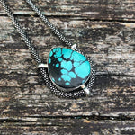Load image into Gallery viewer, authentic turquoise tear shaped pendant on unique setting  with beautiful oxidized Sterling Silver chain weathered driftwood background
