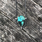 Load image into Gallery viewer, authentic turquoise upside down tear shaped pendant on unique setting weathered driftwood background. sterling silver oxidized chain
