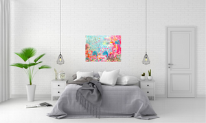 vibrant, happy abstract painting with pinks and blues and stars and hearts and an ocean vibe over a bed with white bedding in an airy white room